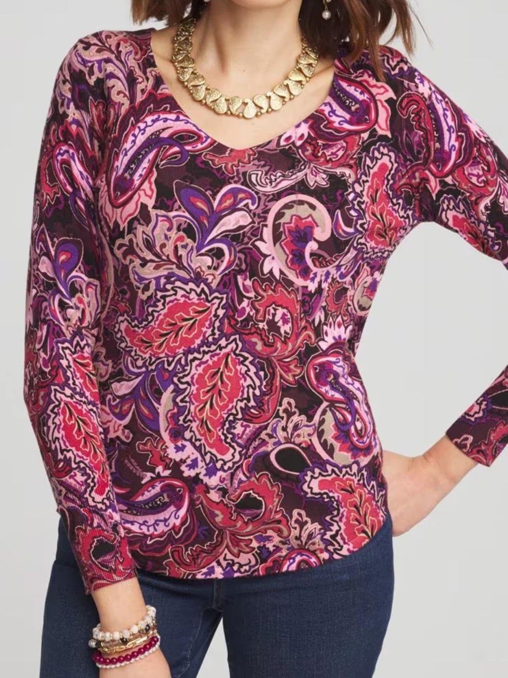 Chico's Pink and Purple Paisley V-Neck Long Sleeve pullover sweater